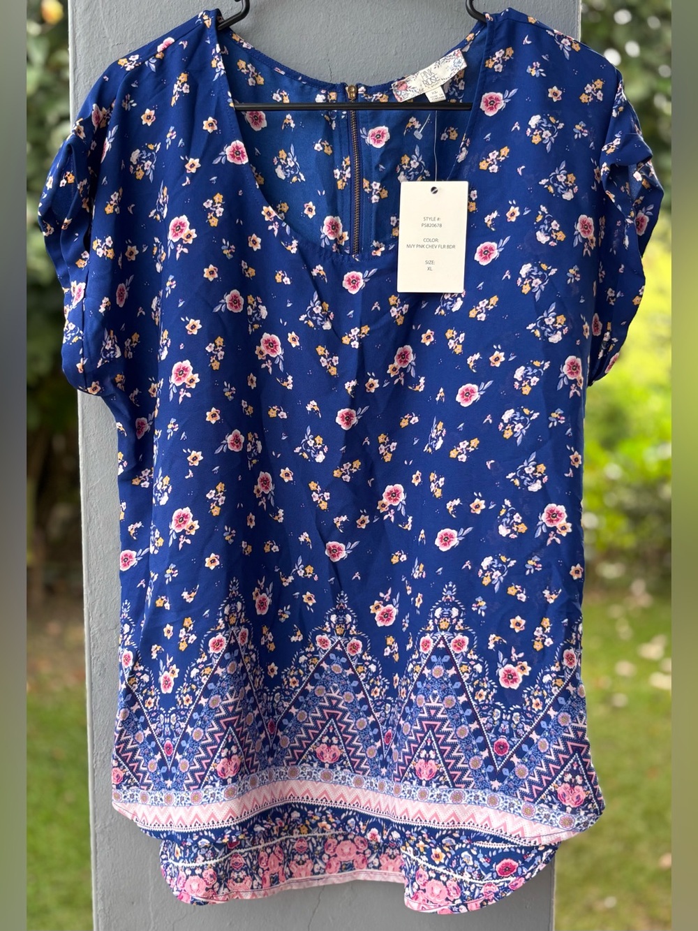 Pink Rose Blue Floral V-Neck Border Print Blouse